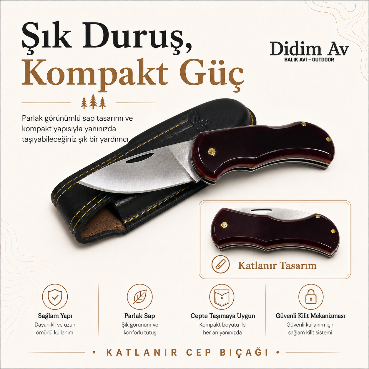 Kehribar Saplı Katlanır Cep Bıçağı – Kılıflı Outdoor Bıçak